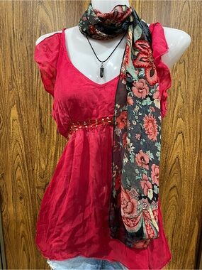 Y2K Bohemian Red Babydoll Top with Beaded Waist Detail
